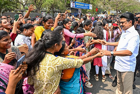 Tamil Nadu Chief Minister MK Stalin being greeted by students of a college in Coimbatore district, Tamil Nadu. 