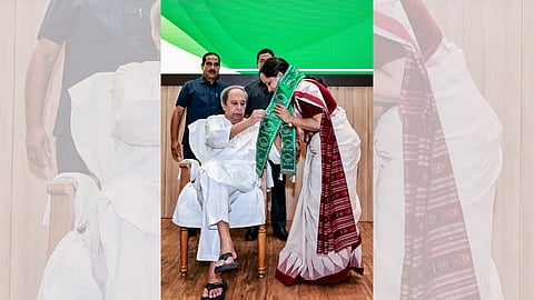 Biju Janata Dal (BJD) President Naveen Patnaik felicitates former IAS officer Sujata Rout Karthikeyan as she joins the party, at the party office, in Bhubaneswar,Odisha.