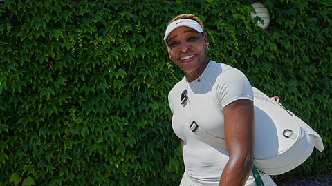 Serena Williams of the United States smiles after a training session at the All England Lawn Tennis and Croquet Club, ahead of the Wimbledon Championships